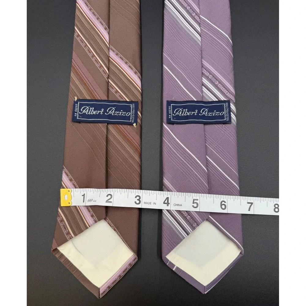 Albert Azizo Mens Necktie Set 2 Vintage Striped Brown Lavender‎ Purple Polyester